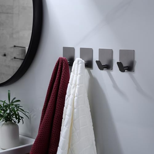 DELITON Towel Hooks for Bathrooms - 4 Pack Adhesive Wall Hooks Heavy Duty No Damage, Coat Robe Sticky Hooks for Hanging Waterproof SUS304 Stainless Steel, Grey - color: Gray