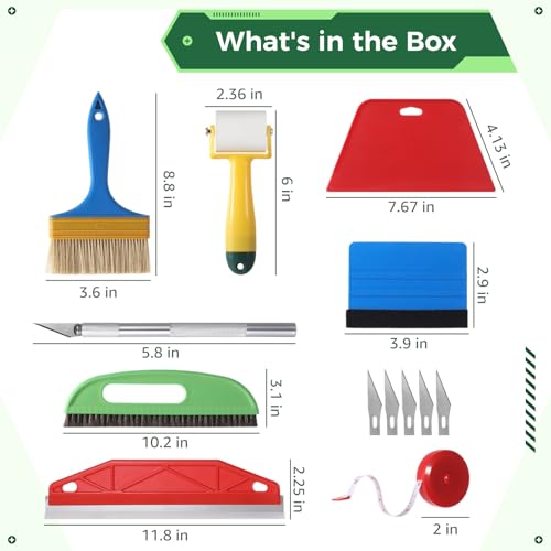 Wallpaper Smoothing Tool Kit, 13 Pcs Smoother Tools with Squeegee, Wallpaper Brush, Seam Roller, Measure Tape, Vinyl Cutter, Craft Cutter with 5 Replacement Blades for Contact Paper, Glass Film