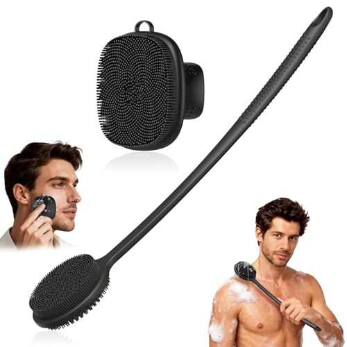 Back Scrubber for Shower & Face Scrubber, 2Pcs Silicone Exfoliating Brush Set with 17In Long Handle, Soft Body & Facial Cleansing Scrubber for Men Women - color: Back Scrubber