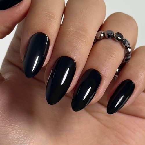 CurvLife Long Almond Fall Press On Nails, Black, Soft Gel - color: Soft Black