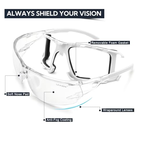 UKNOW Safety Glasses - Anti Fog Wraparound Lenses - Removable Foam Gasket - ANSI Z87.1 Protective Eyewear - Impact Resistant - color: White