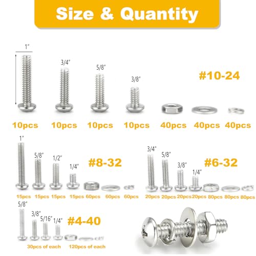 Jyphorixal 1200 Pcs Screw and Bolt Assortment Kit, #4-40#6-32#8-32#10-24 Assorted Phillips Pan Head Cross SAE Screws with Nuts and Washers, 304 Stainless Steel,Bolts and Nuts Kit
