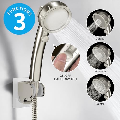 KAIYING Drill-Free High Pressure Handheld Shower Head with ON/OFF Switch, 3 Spray Modes - Brushed Nickel - color: Brushed Nickel