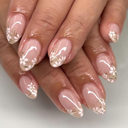 Short Press On Nails Almond, Nude Pink Fake Nails with White Floral & Gold Foil Detail, Glossy Gel Finish Acrylic Nails, Party Reusable Stick On Nails Kit for Women - color: 60-Golden Blossom