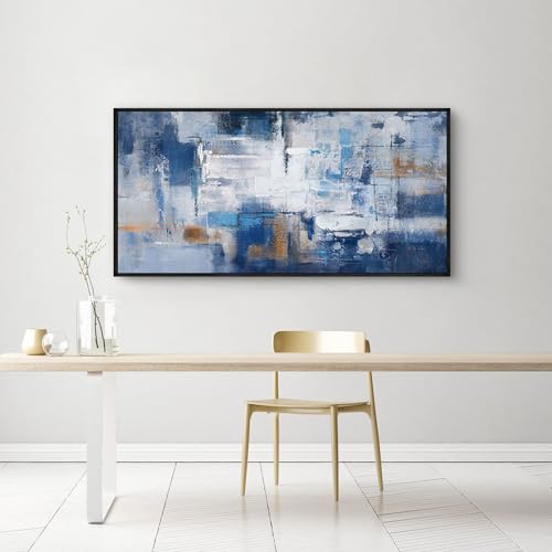 KLAKLA Blue Abstract Canvas Wall Art - Black Frame Artwork Picture Living Room Wall Decor Modern Paintings Large Wall Art for Bedroom Home Decoration - color: Blue-White-Gray + Black frame, size: 40"L x 20"W
