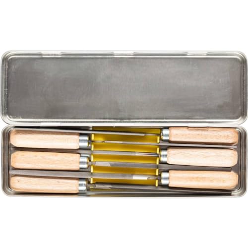 PFERD 4" Key File Set 265 K, 6-Piece – with Wooden Handles & Metal Storage Box – for Fine and Delicate Filing – Part 17010