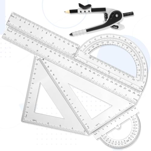Zonon 7 Pcs Geometry Math Set with Compass Protractor Rulers, Clear - color: Clear