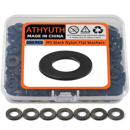 M5 Black Nylon Washers, 5mm ID, 10mm OD, 1mm Thickness, Plastic Flat Round Washers, 200 Pieces Nylon Washer Hardware Set - size: M5