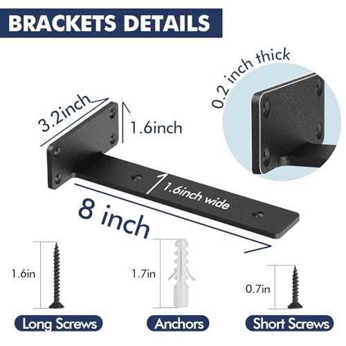 Starunder 6 Pack Floating Shelf Brackets, 8 inch Heavy Duty Industrial Shelf Bracket, Black Metal L Brackets for Shelves Support DIY(1/5 Inch Thicked) - size: 8 Inch