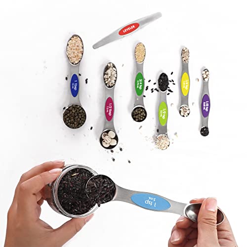 Magnetic Measuring Spoons Set Stainless Steel with Leveler, 8pcs Multicolors Measuring Cups Set for Baking, Measuring Cups and Spoon Set Kitchen Gadgets Apartment Essentials Fits in Spice Jars - color: Multicolor
