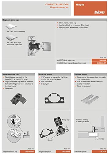 Blum 39C355B.24 Compact BLUMOTION 39C Hinge, Soft-Close, 110 Degree, 1-1/2 Overlay, Screw-on with Set of Screws (2)