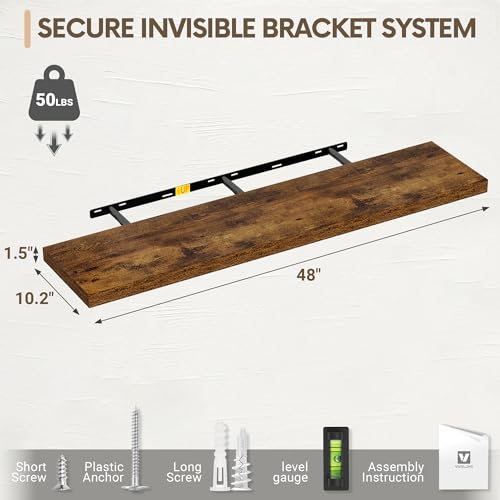 Vivelove 10 Inch Deep Floating Shelves for Wall 48” Set of 2, Rustic Brown - color: Rustic Brown, size: 47.2”wx10.2”dx1.5”h