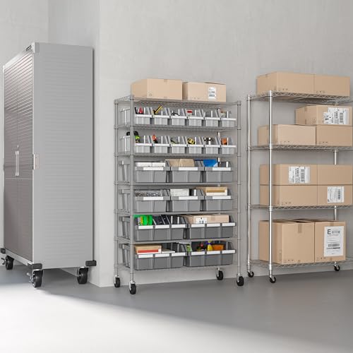 7-Tier NSF 22-Bin Steel Wire Shelving Rack, 36"W x 14"D x 56"H, Gray | 22 slide-out bins with tilt-lock design keep supplies organized and accessible - color: Gray, size: 22 Bin