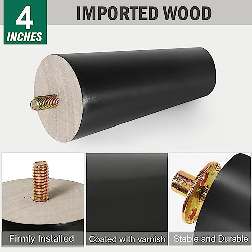FoDau770 Rubber Wood Legs 4", Straight Taper, 5/16"-18 Thread, Black, 4pcs | Wood Couch legs - Mid Century Sofa Legs - Furniture legs Replacement for Cabinet Dresser Chair Ottoman - color: Black, size: 4 Inch - Straight (90°)