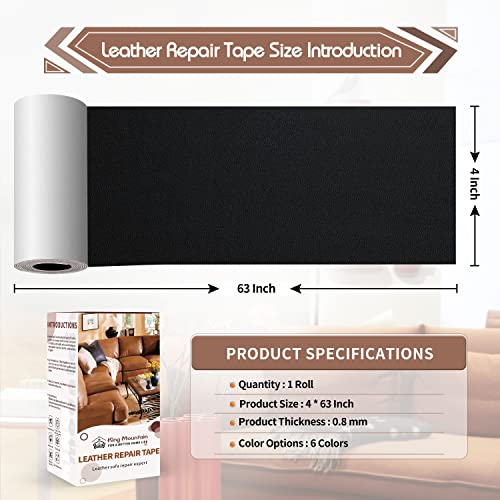 KING MOUNTAIN Leather Repair Patch,4 x 63 Inches self Adhesive Leather Repair Tape for Damaged Leather Furniture, Sofa Seating,Car Seats, Leather Goods（Fine Grained Black） - color: Fine Grained Black, size: 4" x 63"