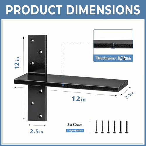 Floating Shelf Bracket Heavy Duty 1/2" Thick Free Hanging Countertop Support Bracket 2 Pack 12" Lx2.5 W Hidden Shelf Bracket for Floating Wall Countertops, Bars, Desks, Bench Seats, Vanities, Mantels - size: 12 Inch, style: Black- 2 pack