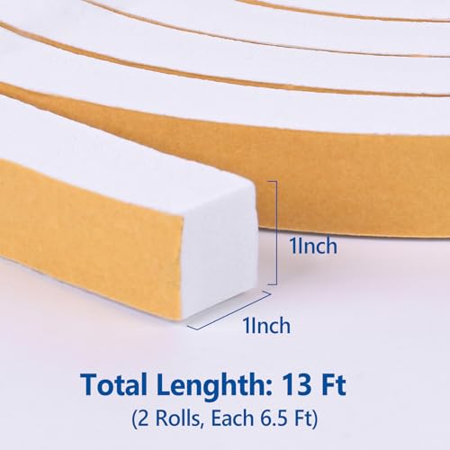 Kikerike Self Adhesive Foam Tape Weatherstrip 1In x 1In x 13Ft High Density Foam Insulation Strips Seal Weather Stripping with Strong Adhesive for Door and Window Sound Isolation Soundproofing - size: 1in x 1in x 13Ft