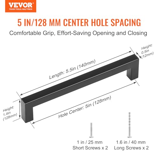 VEVOR 30 Pack Black Cabinet Pulls, 5.03in / 128mm Center to Center Kitchen Cabinet Drawer, Rust and Scratch-Resistant Hardware, Stainless Steel Door Handles for Kitchen Bathroom Bar Hardware Matte - size: 5 inch Hole Centers(128mm)