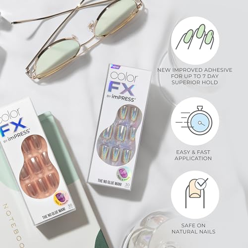 Kiss colorFX by Impress Press On Nails, Levels, 30 No Glue Peel and Stick Nails Kit with IMPROVED Adhesive, Pink Squoval Chrome Effect, Includes Prep Pad, Manicure Stick & Mini File