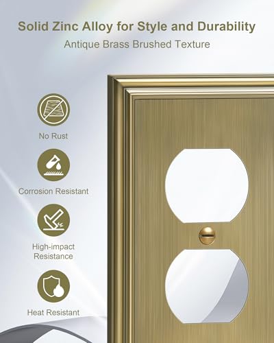 2-Pack Zinc Alloy Single Duplex Outlet Cover Plate, Solid Receptacle Cover - color: Antique Brass, size: 1 Duplex 2PK