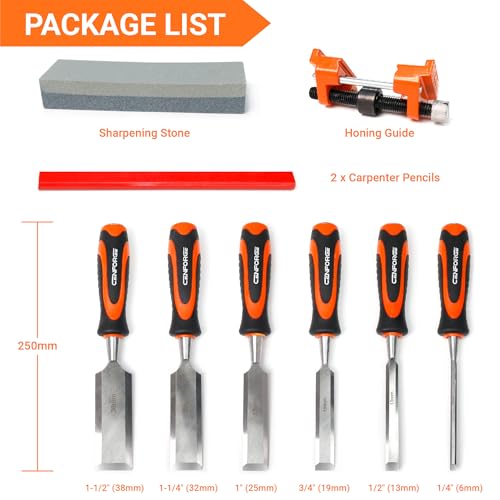 10-Piece Wood Chisel Set for Woodworking - Professional Cr-V Steel Bevel Edge Chisels (1/4" to 1-1/2") with Honing Guide, Sharpening Stone & Case - Heavy Duty Carving Tools for Carpenters