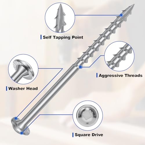 #8 Pocket Hole Screws 2-1/2 Inch, 100Pcs Coarse Thread Wood Screws, Square Drive, Washer Head, 4-Layer Coating, Drive Bit Included (Silver) - color: Silver, size: #8 x 2-1/2"
