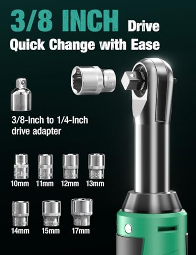 KIMO Extended Cordless Ratchet Wrench 3/8" Set, 400RPM 40Ft-Lbs 4-Inch Long Neck Electric Ratchet Wrench w/Variable Speed, 7 Sockets & 1/4" Adapter, 12V Power Ratchet Wrenches w/ 2x2.0 Ah Batteries - color: Midnight Green