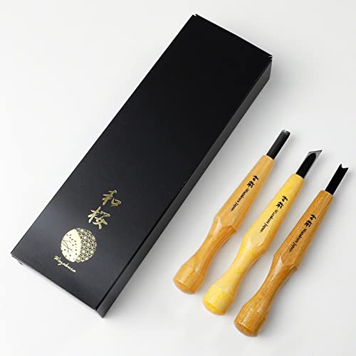 Wazakura 3PCS Bonsai Chisel Kit with Round Gouge, Single Bevel Skewed and V-Parting Tool, Hand Carving Tool Set for Jin Shari Making, Woodworking Knife Pack (3PCS Bonsai Chisel Kit)