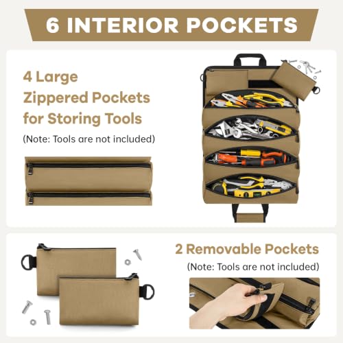 ANILD 13 Inch Regular Long Tool Bag Roll Up, Roll Up Tool Bag Organizer - color: Khaki, size: Regular