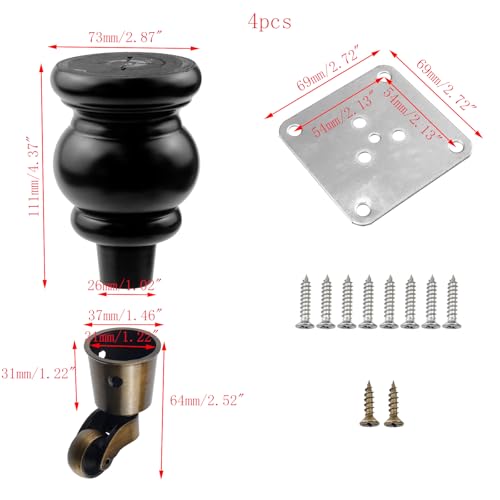 4pcs 6" Height Wooden Furniture Legs with Casters, Black - color: Black, size: Height: 6"