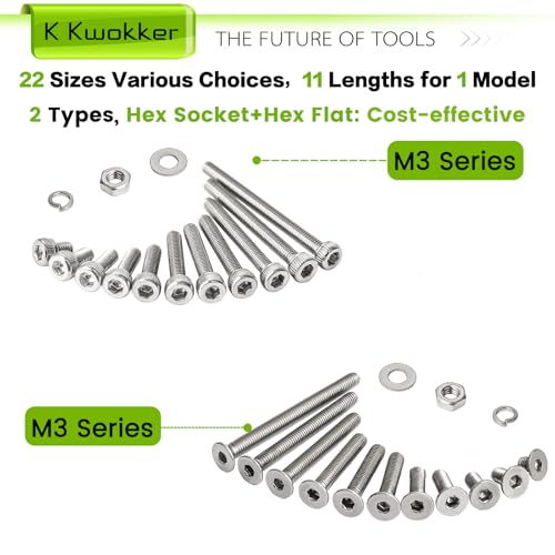 2540Pcs M3 Screws 4MM to 35MM, Socket Head Screws & Flat Head Screw, 304 Stainless Steel Assorted Nuts and Bolts Assortment Kit M3 Screw Kit with Nuts, Washer and Lock Washers - size: H. M3