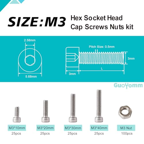 M3 x 10mm 20mm 30mm 40mm Hex Socket Head Cap Screws Bolts and Nuts, Stainless Steel 304, Bright Finish, Metric Allen Drive, Fully Thread, Assortment Kit 200PCS - size: Socket M3x10-40mm+Nuts