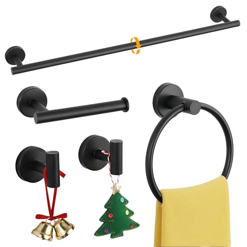 5-Piece Matte Black Bathroom Hardware Set, Towel Racks Set for Bathroom SUS304 Stainless Steel Toilet Paper Holder Wall Mounted, 24 Inch Modern Bathroom Accessories Kit - color: A-24 Matte Black