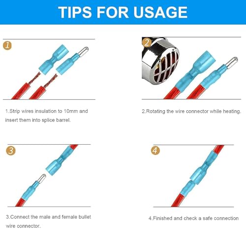 200PCS Heat Shrink Bullet Connectors, Bullet Terminals, Female and Male Crimp Connectors for Watercraft, Electronics, Automotive AWG12-10-Yellow - color: Yellow AWG12-10
