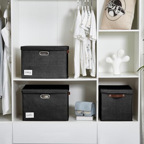 15" Fabric Storage Box with Lids, 3-Pack, Black - color: Black, size: Medium-15"