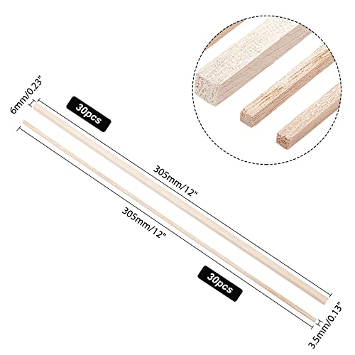 OLYCRAFT 60Pcs Tung Wood Sticks 12 inch Long Unfinished Wooden Strips Square Dowels Strips for DIY Molding Crafts Projects Making - color: Burlywood - Square - 2 Styles