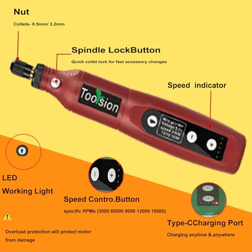 Mini Cordless Rotary Tool,45 PCS Accessories and USB C Charging and 3.7V 2.0Ah rechargeable battery pack rotary tool kit,5-speed for sanding,engraving,polishing,cutting, Diy Crafts（red）