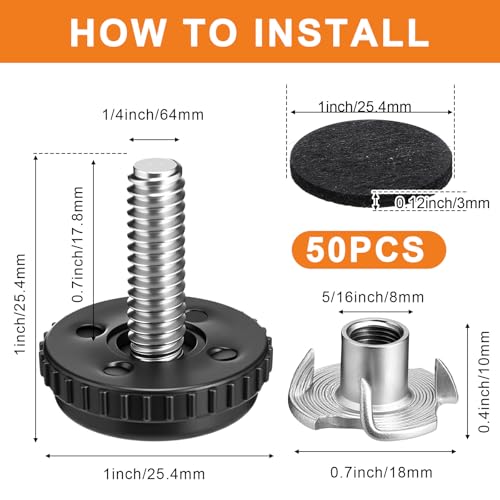 Pinkunn 50 Pieces Adjustable Leveling Feet with T- Nut Kit, Serrated - style: Serrated