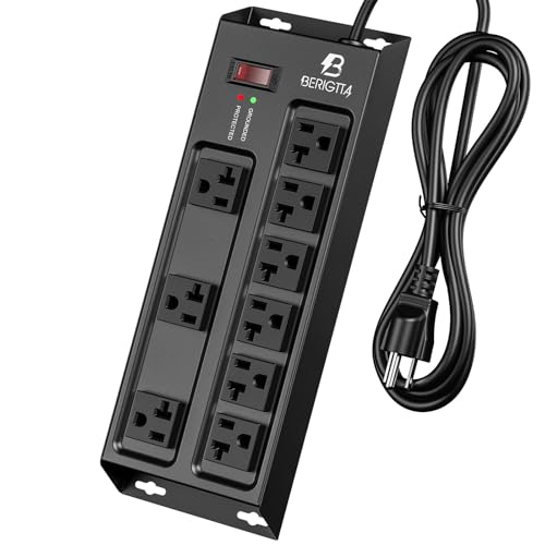 Heavy Duty Metal Power Strip, 20 AMP Surge Protector with 9 Outlets, 12 Gauge Industrial Strength for Shop & Garage Use, 6 FT Extension Cord Included, Durable T-Slot Design (6FT)