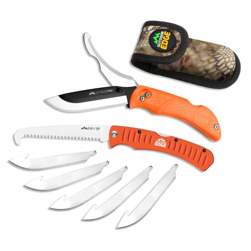 OUTDOOR EDGE RazorPro Double Blade Hunting Knife with Flip N’ Zip Bone Saw – Folding Knife with Gutting Blade & Replaceable RazorSafe Skinning Edge, Includes Camo Nylon Sheath - style: RazorPro (Gut & Skinning + Saw)