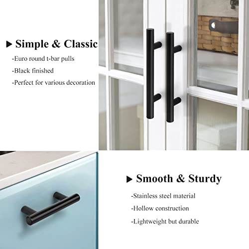 Probrico 30 Pack| 5 Inch Black Cabinet Handles with 3 Inch Hole Center Stainless Steel Cabinet Pulls Round T Bar Kitchen Cabinet Hardware Door Handles, Drawer Dresser Pulls，76mm Hole Centers - color: Black, size: hole center 3"