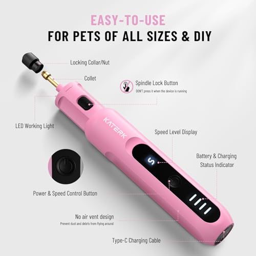 Katerk Pet Dog Nail Grinder - 5 Speed Quiet 32PCS Electric Dog Nail Trimmer - color: Pink