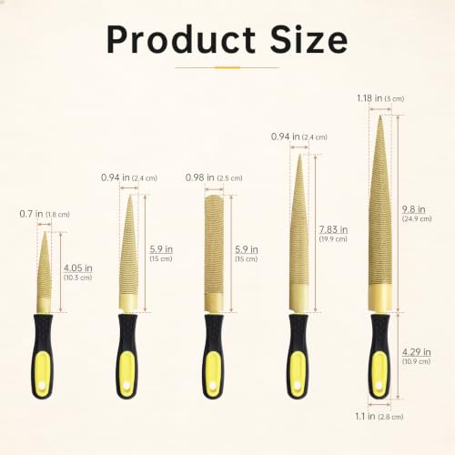 5 PCS High Carbon Steel Golden Wood Rasp, Double Sided Tapered and Half Round Rasp File, 4"-6"-8"-10" for Woodworking/Carving/Sharping with Rubber Handle
