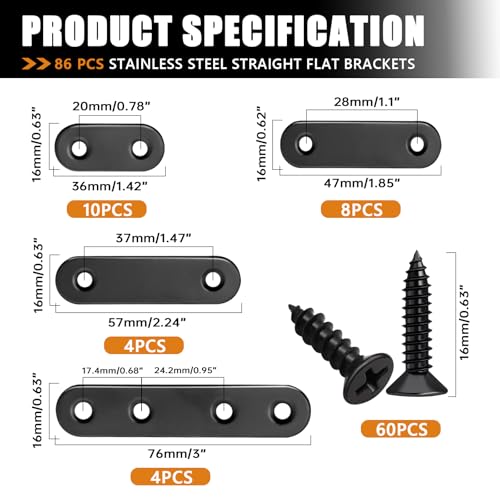 mankk 86PCS Black Straight Flat Metal Bracket Mending Plates Stainless Steel Flat Brace Brackets Fixed Connecting Plate for Wood Repair Fixing - color: Black