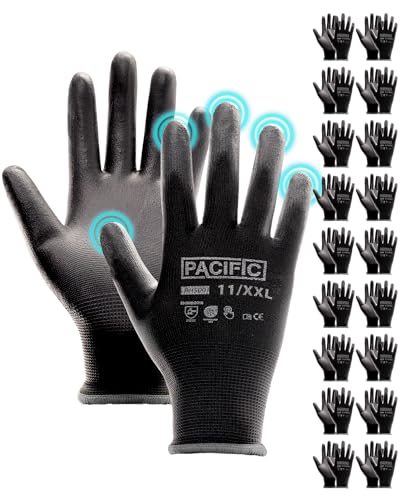 PACIFIC PPE PU Coated Grip Work Gloves, Touchscreen, Seamless Knit, XXL - color: Black (18 Pairs), size: XX-Large(Fits like XL)