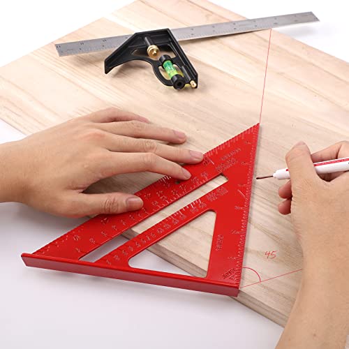 Rafter Square and 12 inch Combo Square Set, Carpentry Squares, Combination Square with Bubbles/45°/90°/180° Woodworking Square, Aluminum Carpenter Measuring Tool Kit(Red) - color: Red