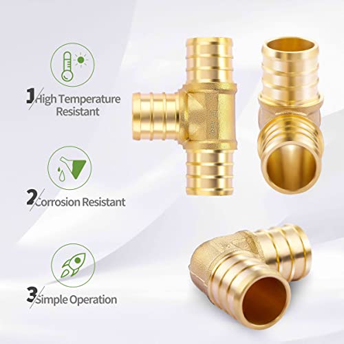 Litorange 3/4 inch T PEX Tee & 90 Degree Elbow & Straight Coupling 3/4" (pack of 9) Lead-Free Brass Barb Crimp Pipe Fitting/Fittings