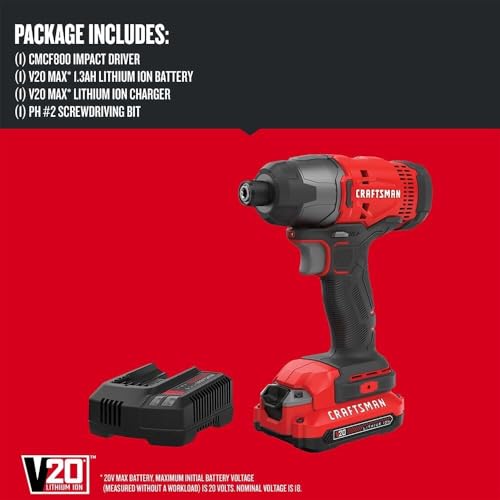 CRAFTSMAN 20V MAX Impact Driver Kit, 1/4 Inch, 2,800 RPM, LED Work light, Battery and Charger Included (CMCF800C1) - style: 20V MAX Impact Driver Kit