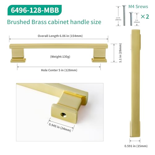 Brushed Brass Kitchen Square Cabinet Handles 5 Inch 10 Pack - color: Brushed Brass, size: 5"/128MM Hole Center