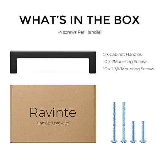 Ravinte Matte Black Cabinet Handles Solid Cabinet Pulls, 4 Inch CC, 5 Pack | Zinc Alloy, Slim Square Bar Grip, Smooth Drawer Pull Feel, Kitchen Cabinet Update, For Cupboards, Dressers, Drawers, Hardware - color: Black, size: Flat Black 4" Hole Center